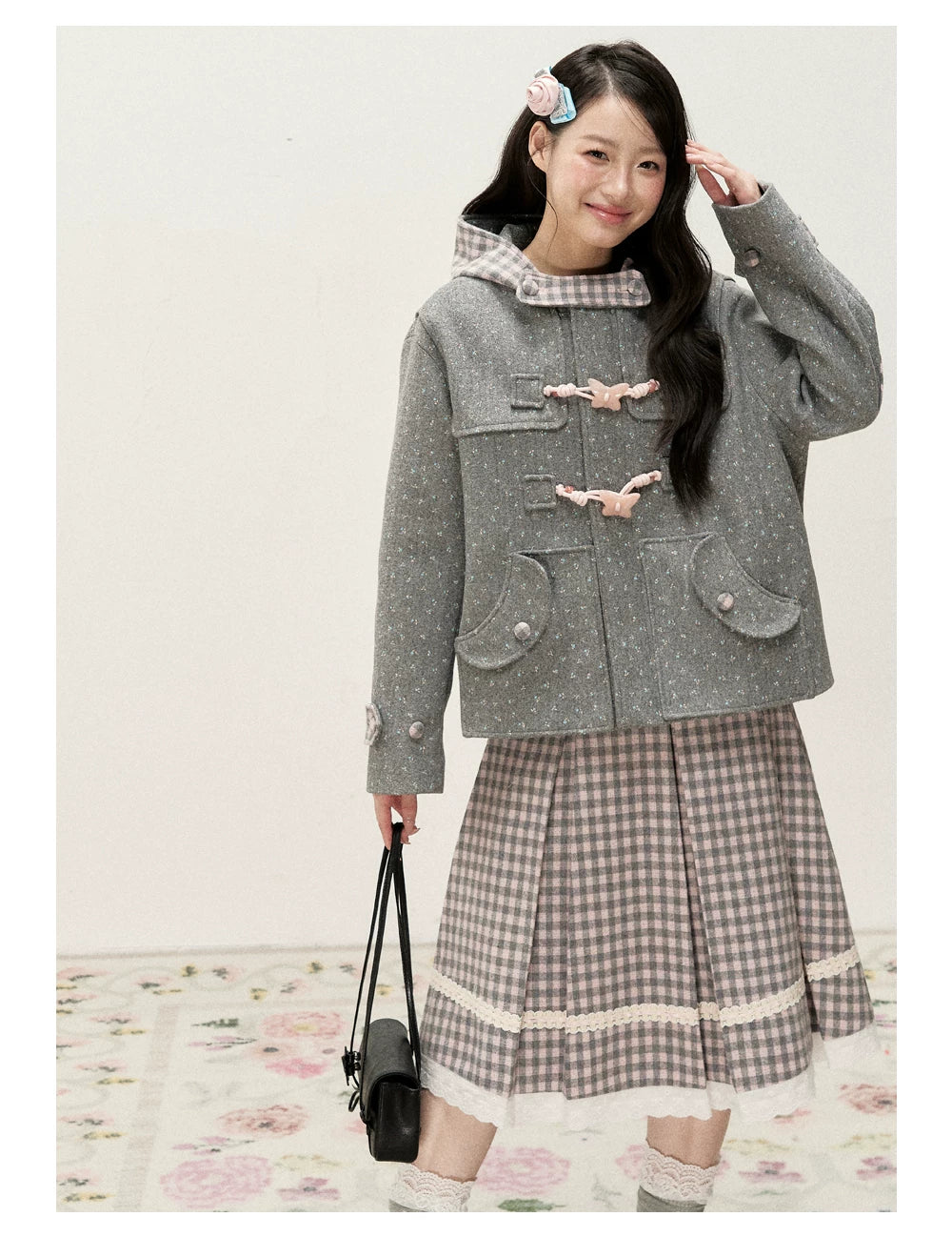 [RF] Floral Heather Gray Pink Plaid-Trim Hooded Duffle Coat