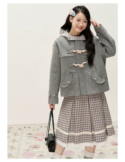 [RF] Floral Heather Gray Pink Plaid-Trim Hooded Duffle Coat