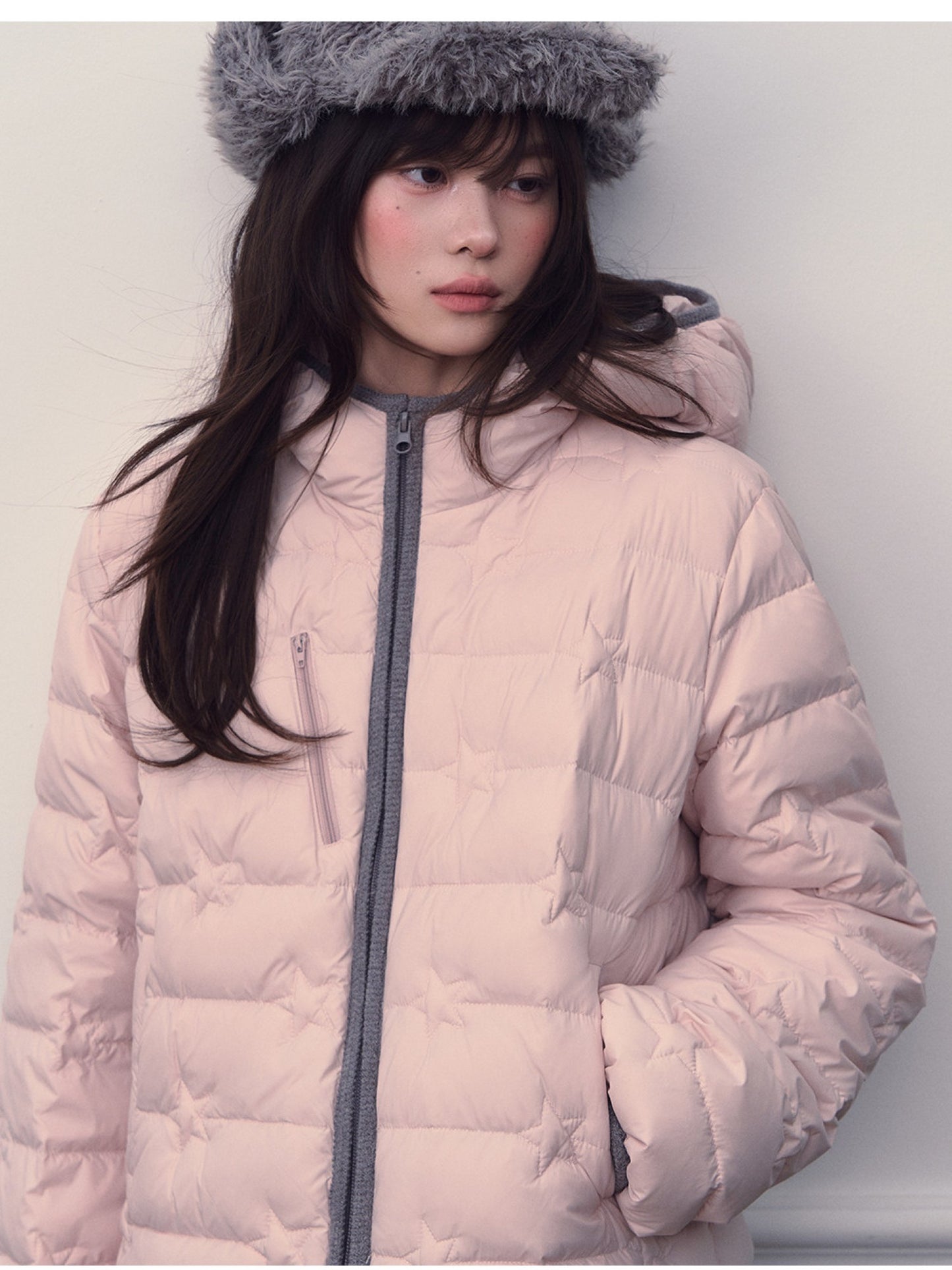 Soote Season - Cloud Pink Star Embroidered Lightweight Hooded Puffer Jacket