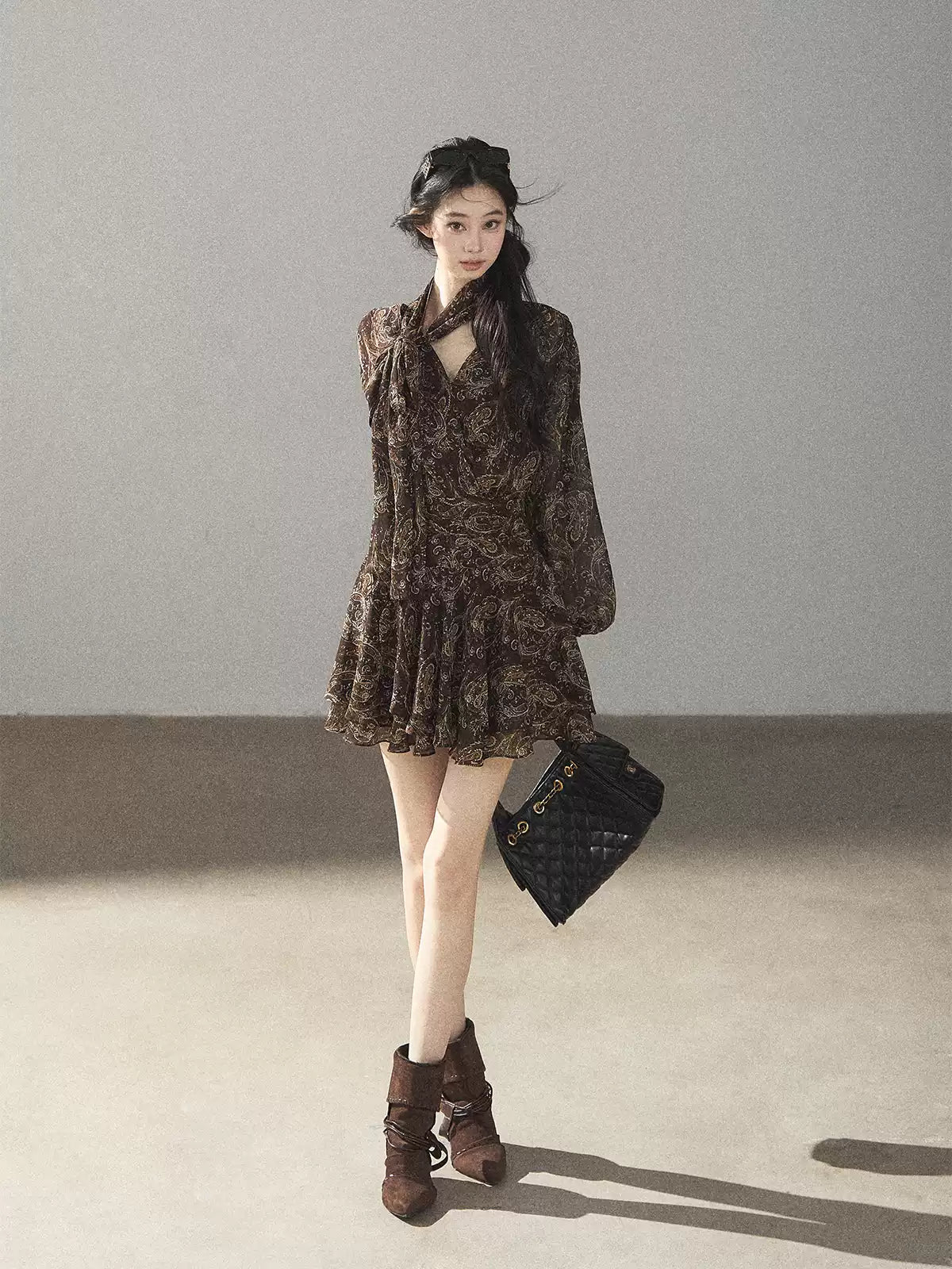 "Wait for a Tree of Blossoms" Cocoa Brown French Long-Sleeve Chiffon Dress (+ Camisole)