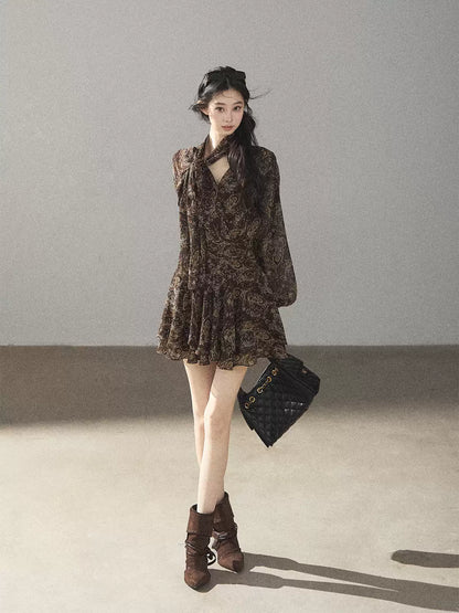 "Wait for a Tree of Blossoms" Cocoa Brown French Long-Sleeve Chiffon Dress (+ Camisole)