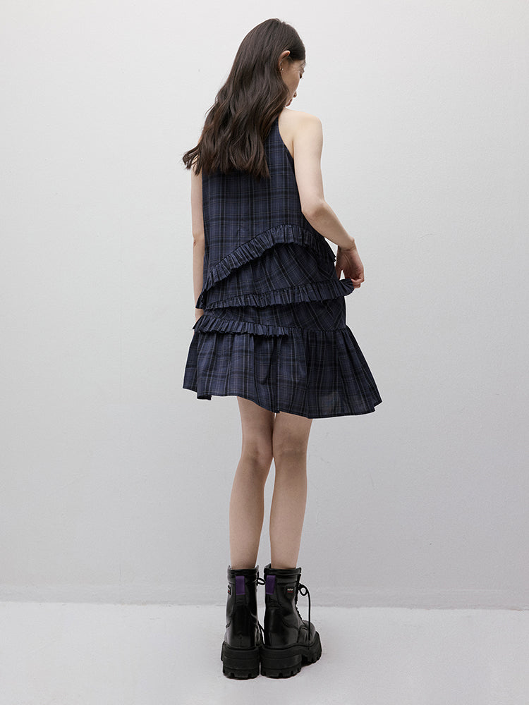 FUSSED Asymmetric Ruffle Plaid Dress – Midnight Blue FOF-25SS026