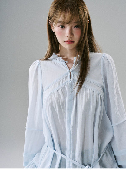 LOST FOREST - Acetate Flower Belt Detail Relaxed Top (White / Blue)