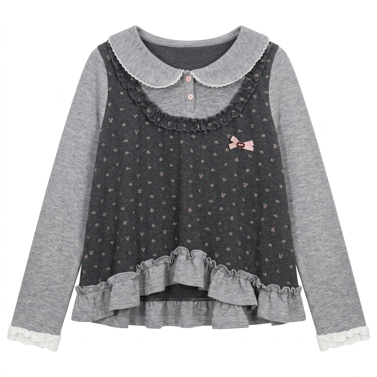 [[RF] “Gray-Toned Layered Charm” Gray Floral Two-Piece Skirt Set