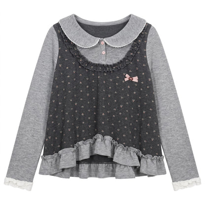 [[RF] “Gray-Toned Layered Charm” Gray Floral Two-Piece Skirt Set