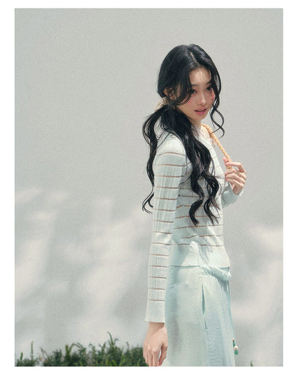 少也眼 “A Gentle Glance” One-Shoulder Lace Knit Long-Sleeve Top - Glacier Blue 43552