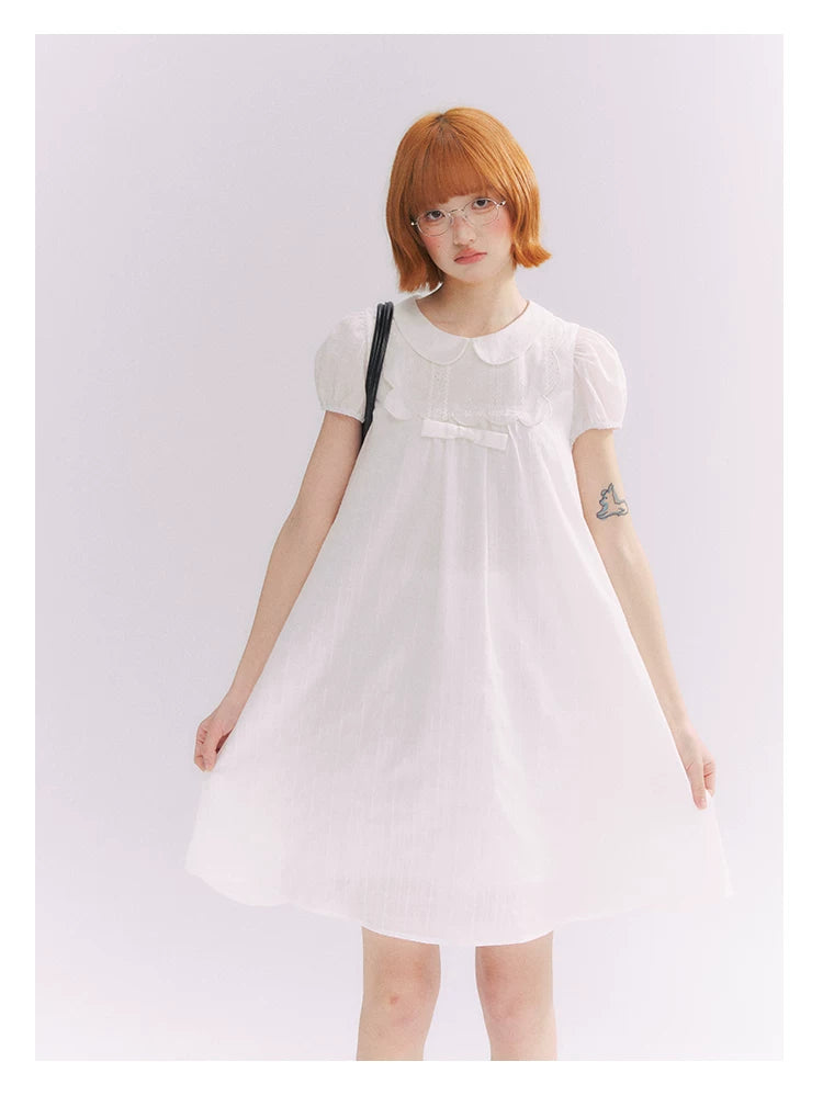 “Lace Sleep Song” White Embroidered Puff Sleeve Babydoll Dress