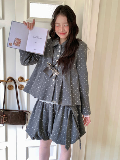 [RF] “Starlit Gray Tones” Gray Vintage Polka Dot Pleated Skirt Two-Piece Set