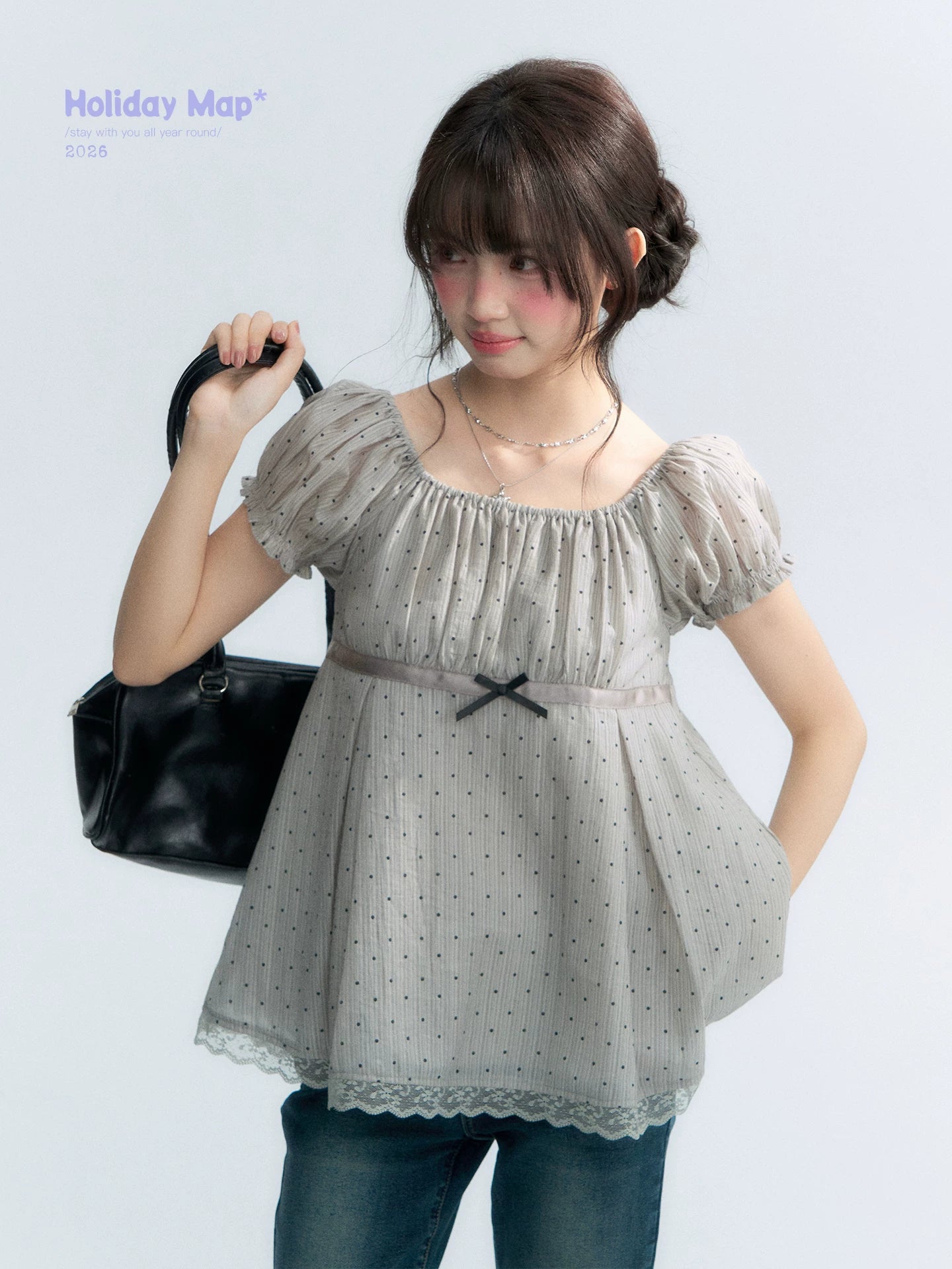 "Polka Dot Constellation" Gray Polka Dot Square Neck Puff Sleeve Top