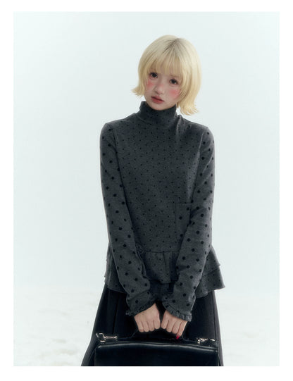 Horridale - Dark Gray Polka Dot Mock Neck Layering Top with Ruffle Hem