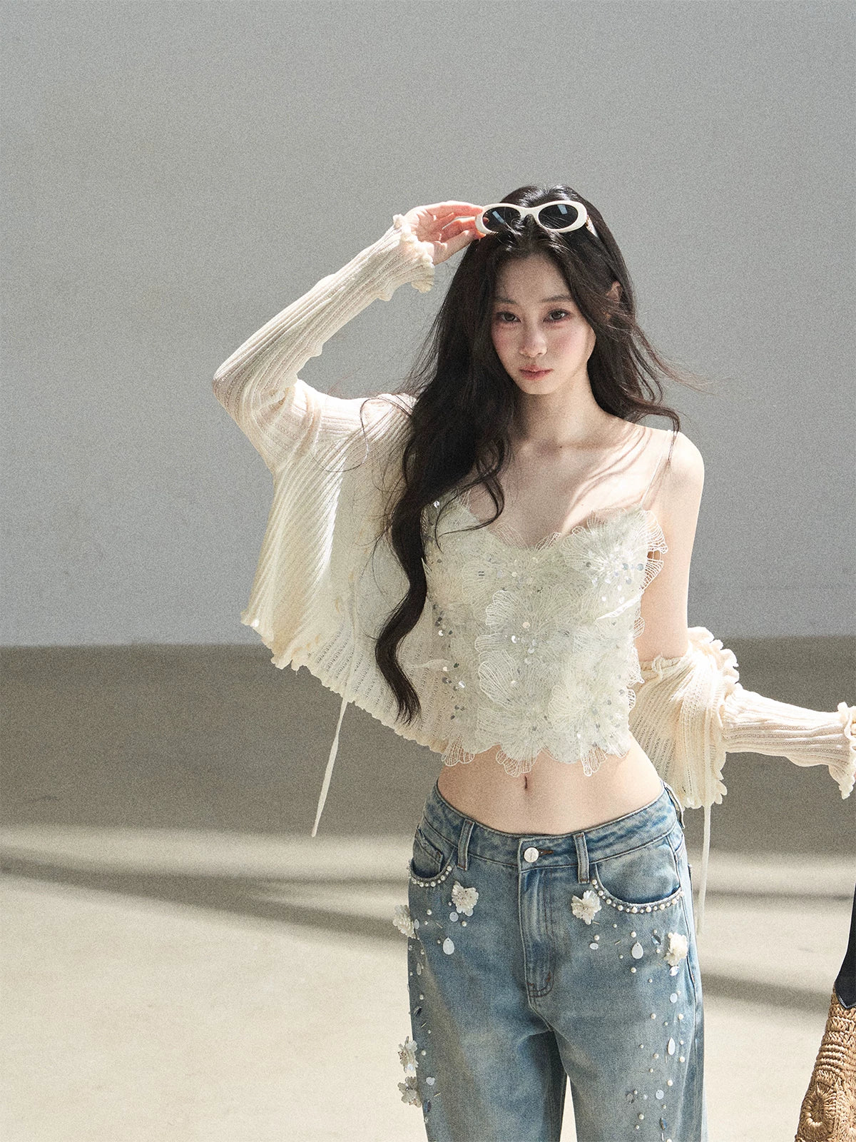 "Waiting for the Breeze" Apricot Lace Knit Cardigan & Cami Set