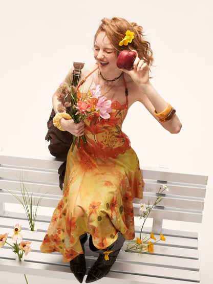 "Sunset Bloom Mood" Halter Floral Midi Dress WE933