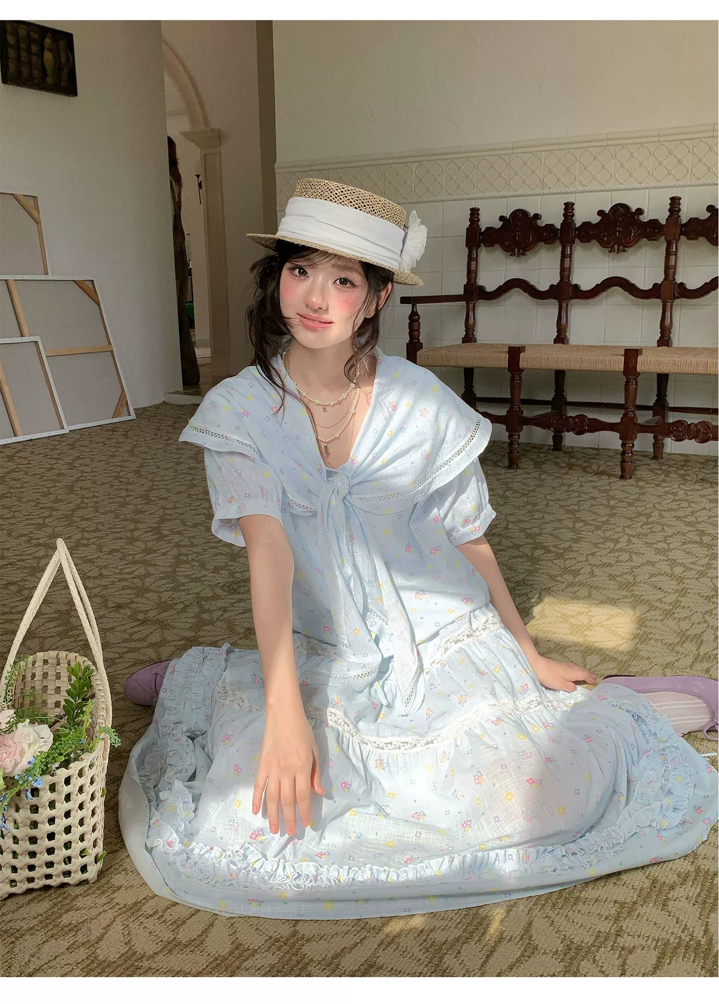 “Blue Blossom Chronicle” Ice Blue Floral Skirt Set