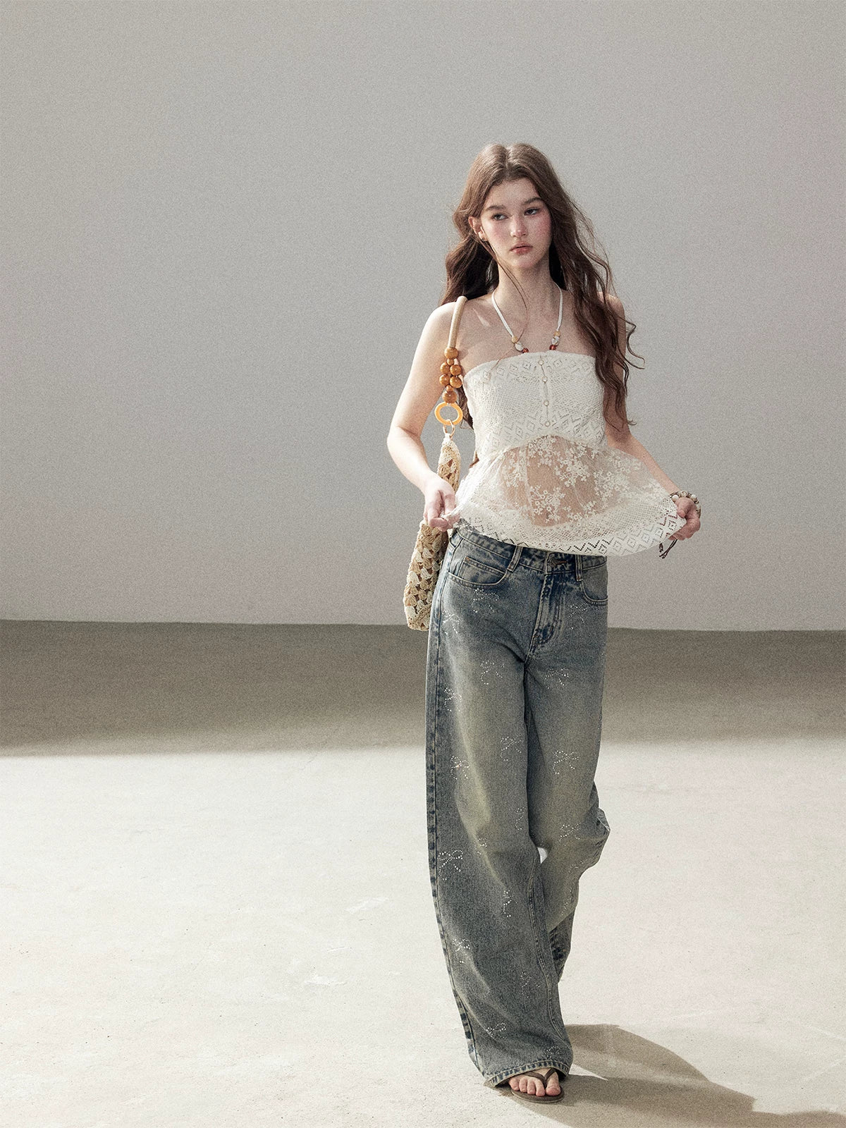 "Where the Waves Meet Her" Creamy Apricot White Lace Halter Sheer Top