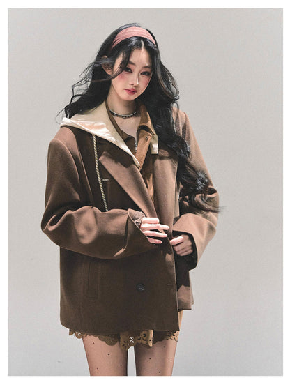 少也眼 "Minimal Silhouette" Hooded Blazer - Coffee Brown