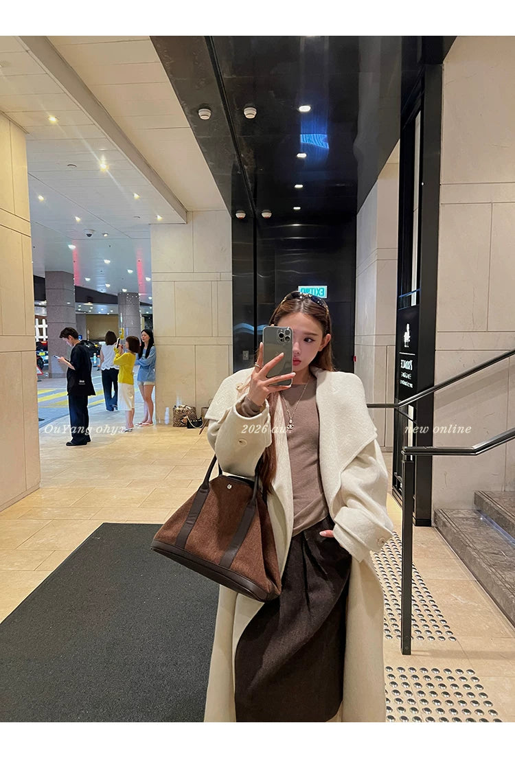 QuQuOuYang - 100% Wool Double-Face Belted Coat with Convertible Collar