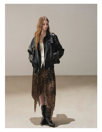 AOMALM - “Cocoa Leopard” Pleated Asymmetric Midi Skirt