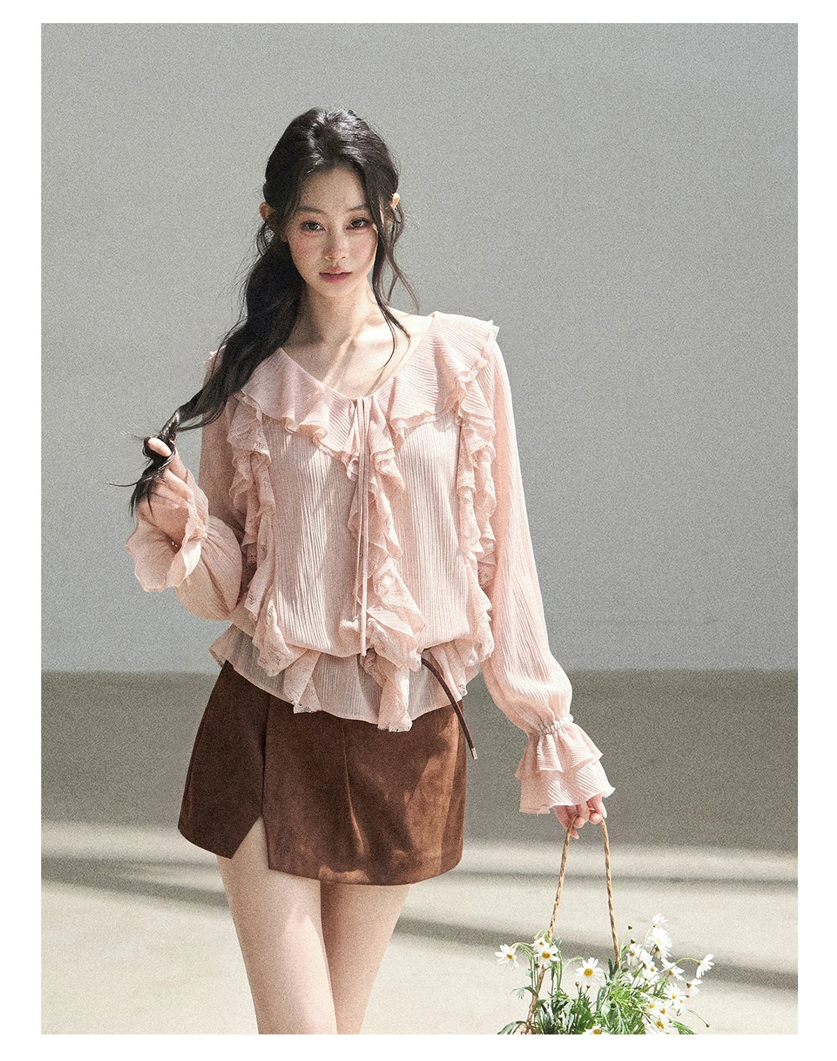 AOMALM - "A Featherlight Touch" French Camellia White Lace Chiffon Top with Belt (Camellia / Oatmeal / Cinnamon Pink)