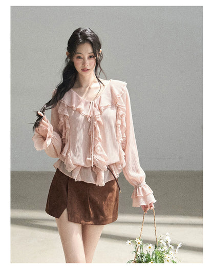 AOMALM - "A Featherlight Touch" French Camellia White Lace Chiffon Top with Belt (Camellia / Oatmeal / Cinnamon Pink)