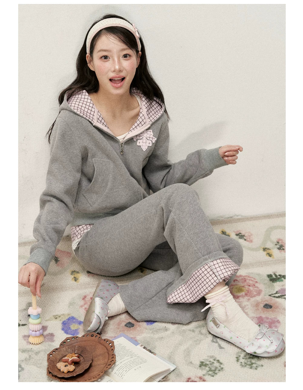 [RF] Soft Gingham Color-Block Hoodie and Flare Pants Set (Blue / Mauve)