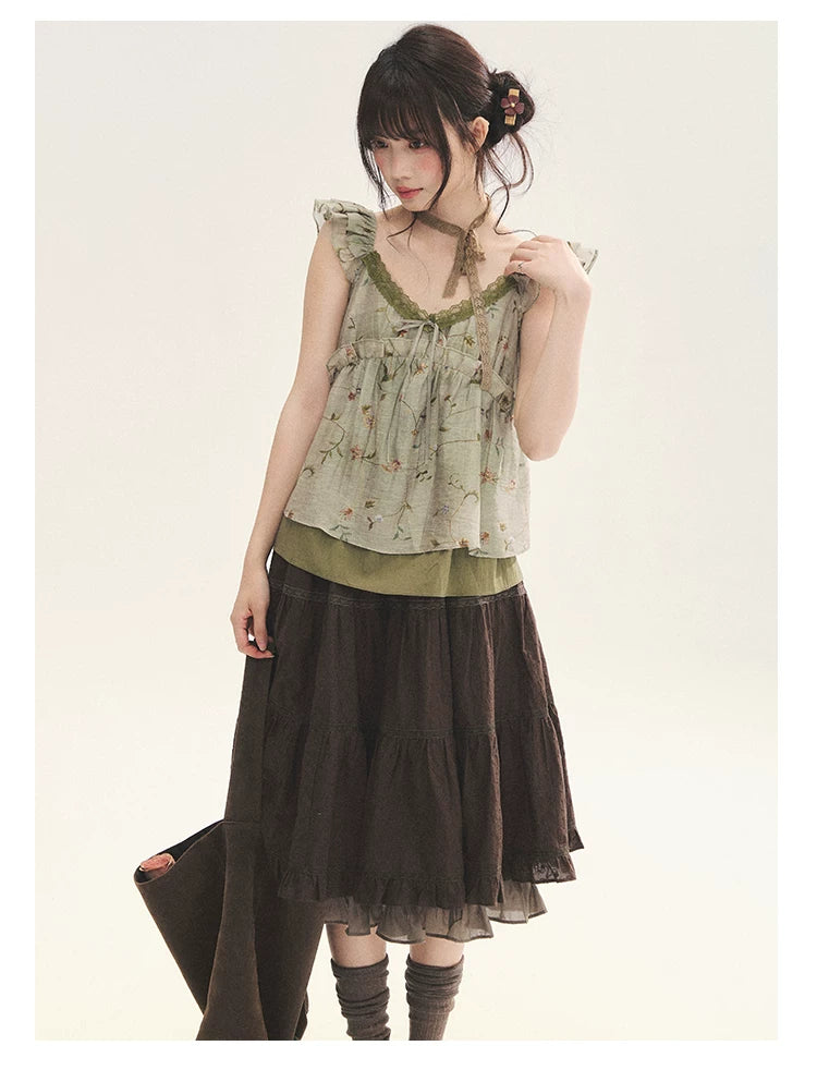 "Enchanted Forest" Moss Green Floral Lace Ruffle Cami Top