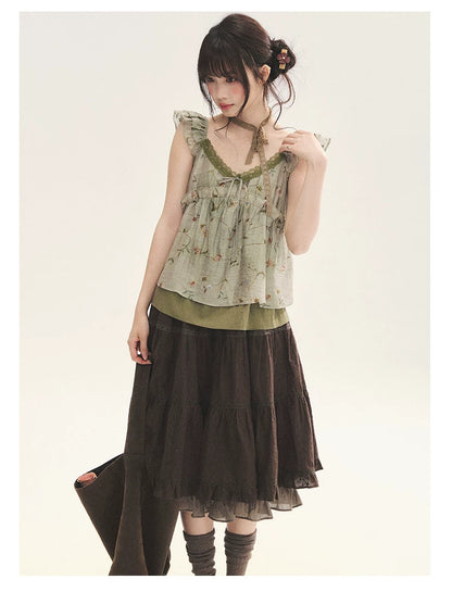 "Enchanted Forest" Moss Green Floral Lace Ruffle Cami Top