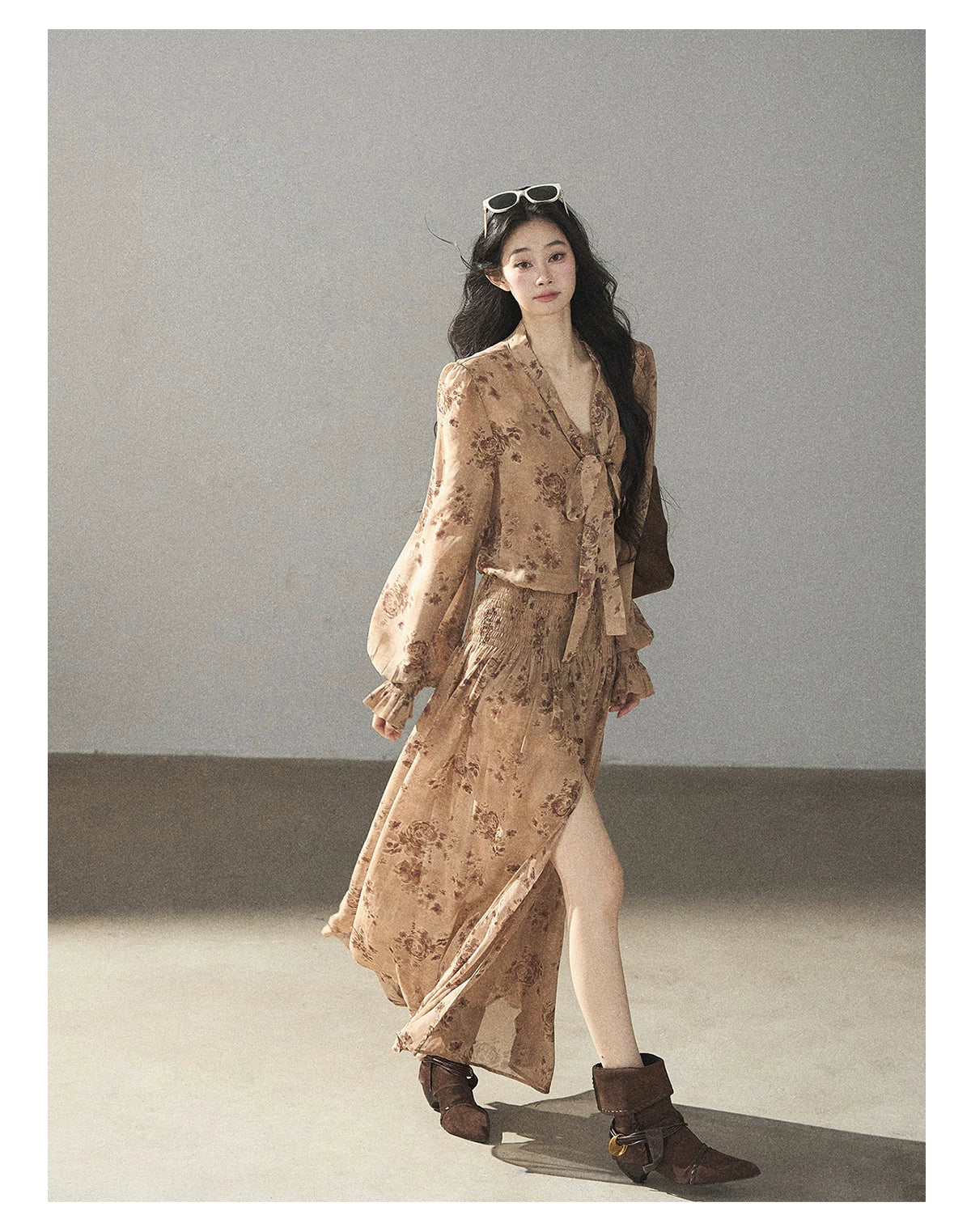 AOMALM - Oatmeal Rose-Print Chiffon Layered Maxi Dress Set