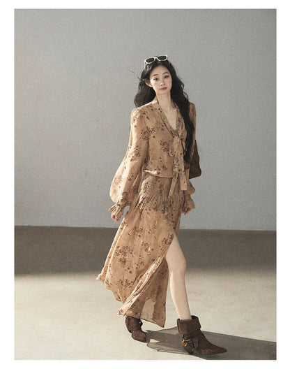AOMALM - Oatmeal Rose-Print Chiffon Layered Maxi Dress Set