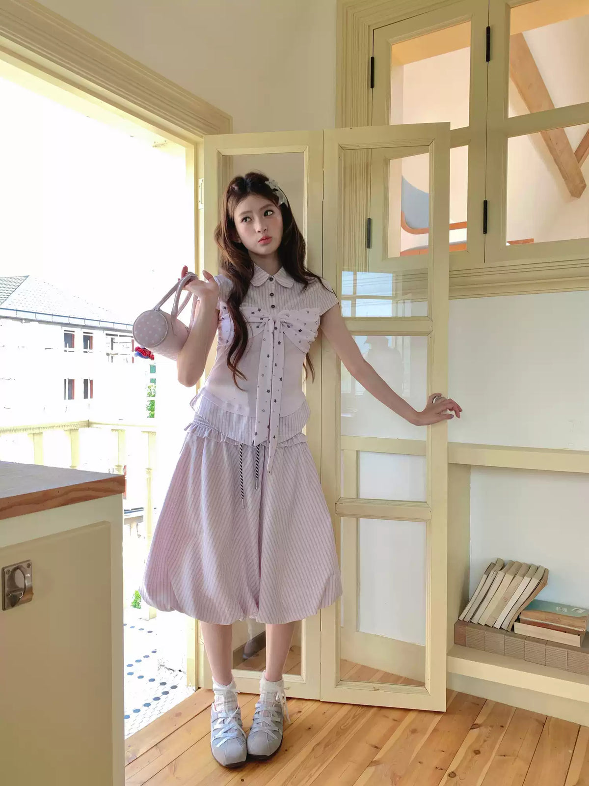 [RF] “Milk Taro Fizz” Soft Purple Striped Blouse & Bloom Skirt Set (Light Blue / Lavender)