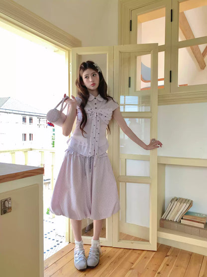 [RF] “Milk Taro Fizz” Soft Purple Striped Blouse & Bloom Skirt Set (Light Blue / Lavender)