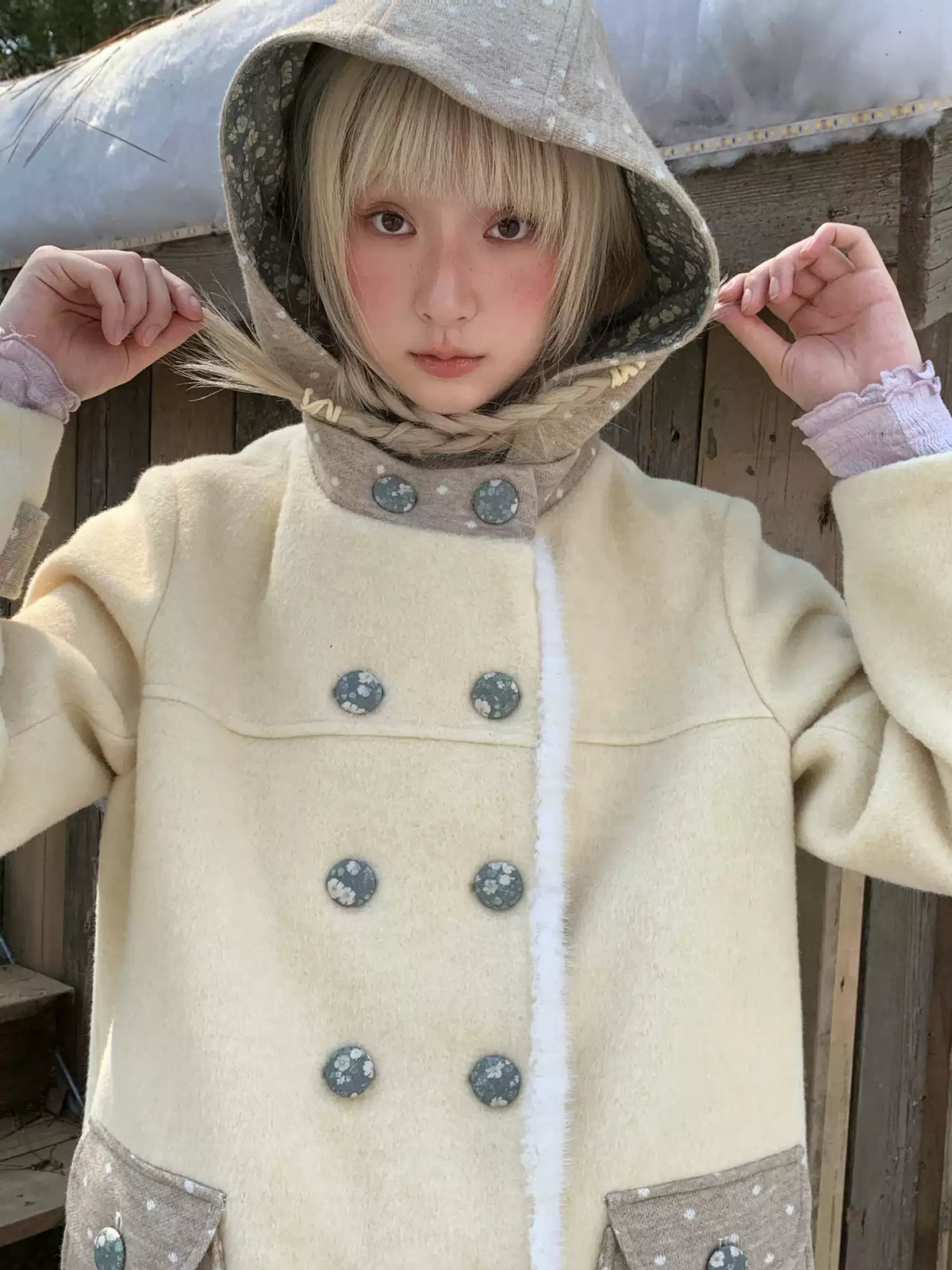 RF - Cream Yellow Hooded Wool-Blend Coat with Polka Dot Pockets