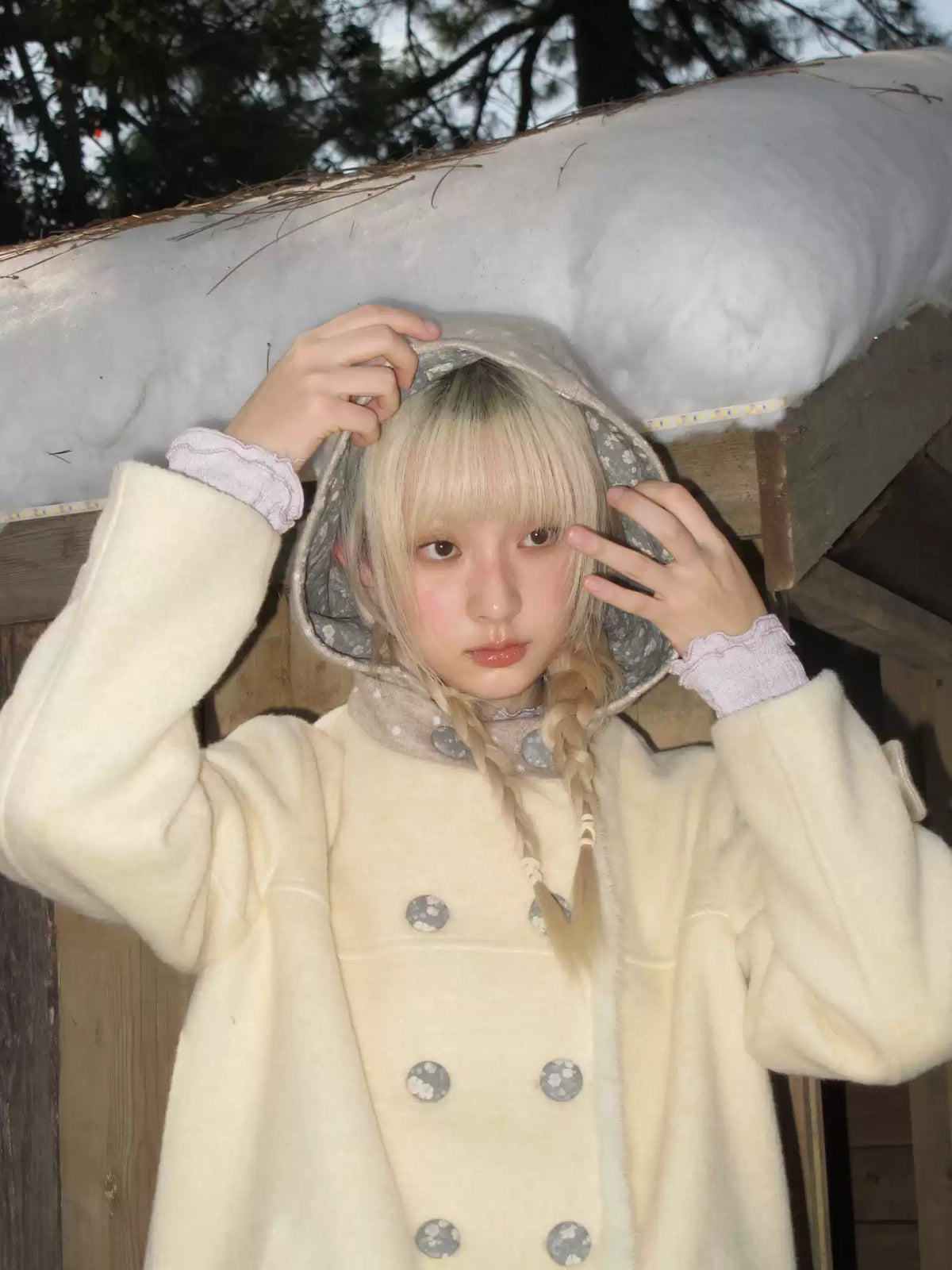 RF - Cream Yellow Hooded Wool-Blend Coat with Polka Dot Pockets