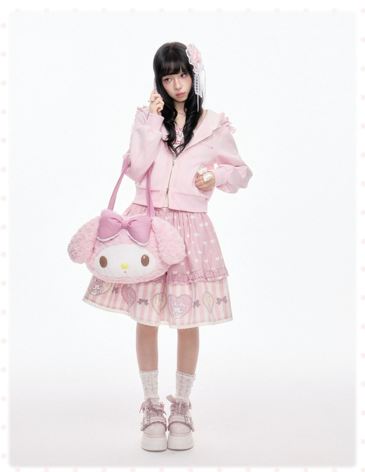 “Ribbon Daydream” Pink Cropped Zip-Up Hoodie