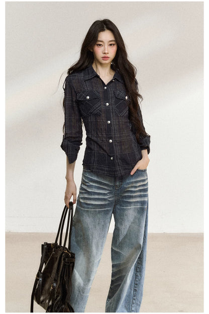 JN's DESIGN - Plaid Adjustable-Waist Long-Sleeve Shirt