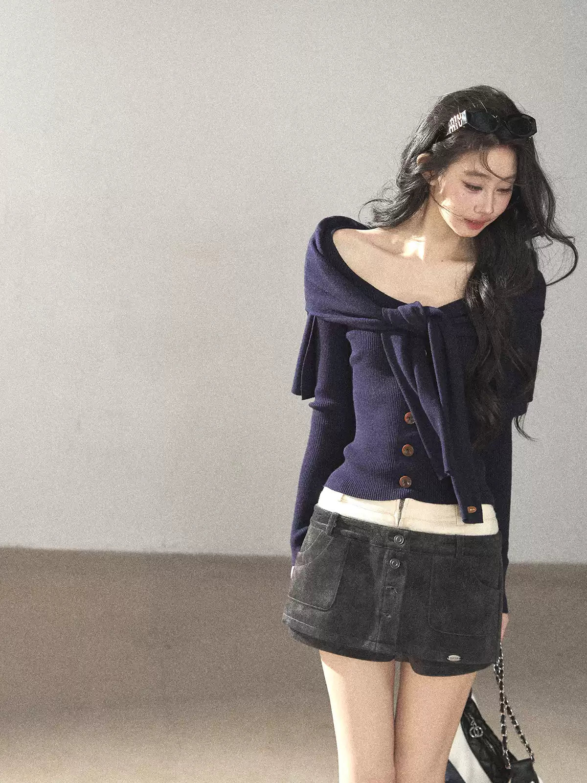 AOMALM - Deep Navy Faux-Two-Piece Shawl Knit Sweater