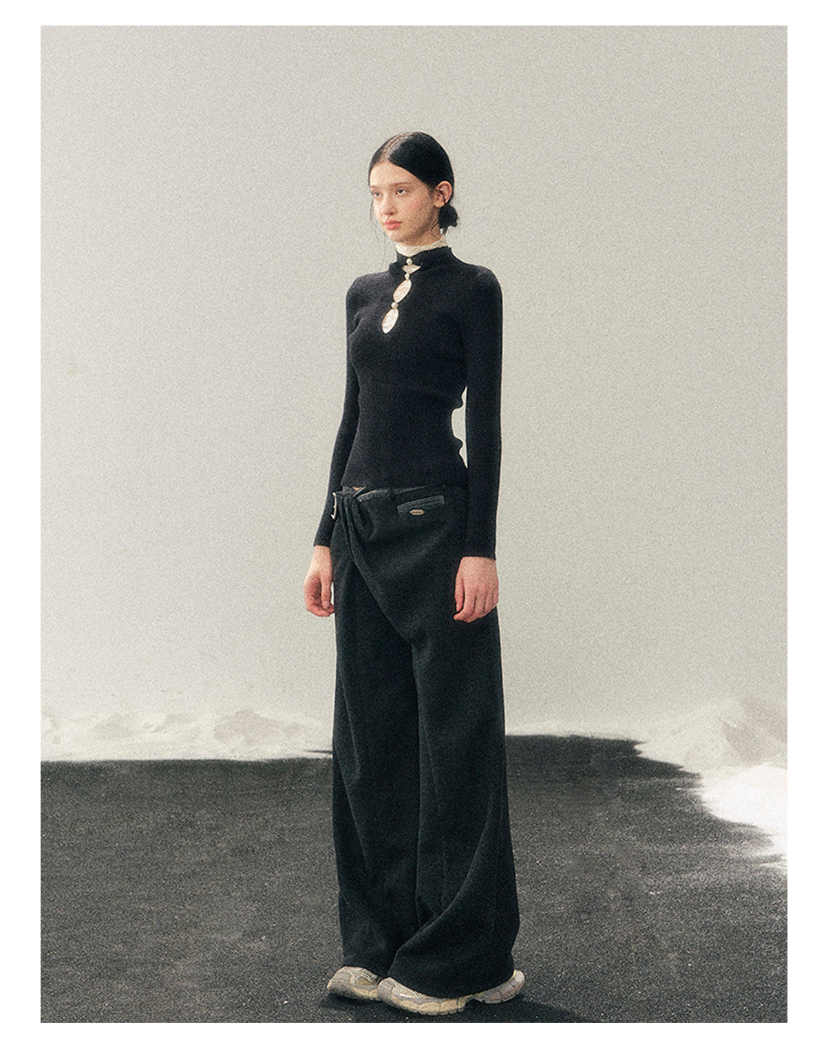 040126 "Lacewoven Dream" Mock Neck Layered Lace Knit Top - Obsidian Black