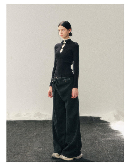 040126 "Lacewoven Dream" Mock Neck Layered Lace Knit Top - Obsidian Black