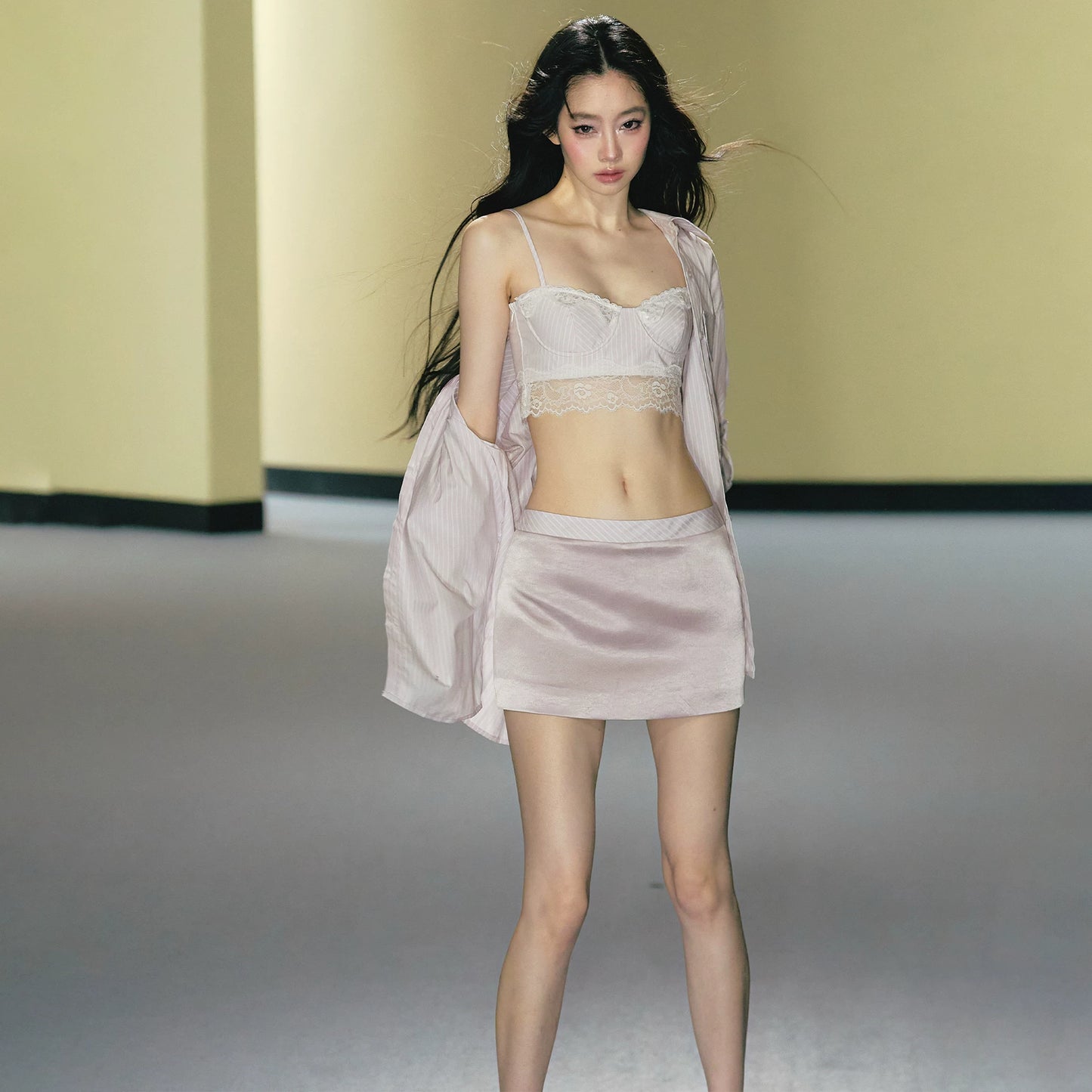 "Rosé Study Session" Pink Stripe Shirt, Lace Corset Cami & Champagne Skort Set