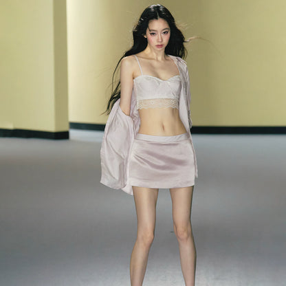 "Rosé Study Session" Pink Stripe Shirt, Lace Corset Cami & Champagne Skort Set