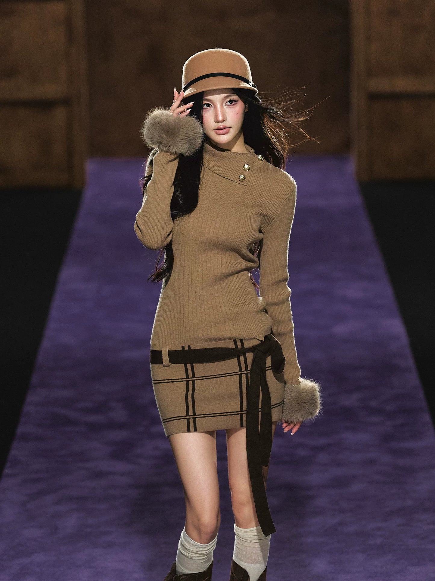 "Winter Whisper" Light Khaki Mock Neck Knit Mini Dress