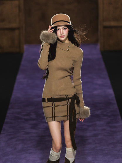 "Winter Whisper" Light Khaki Mock Neck Knit Mini Dress
