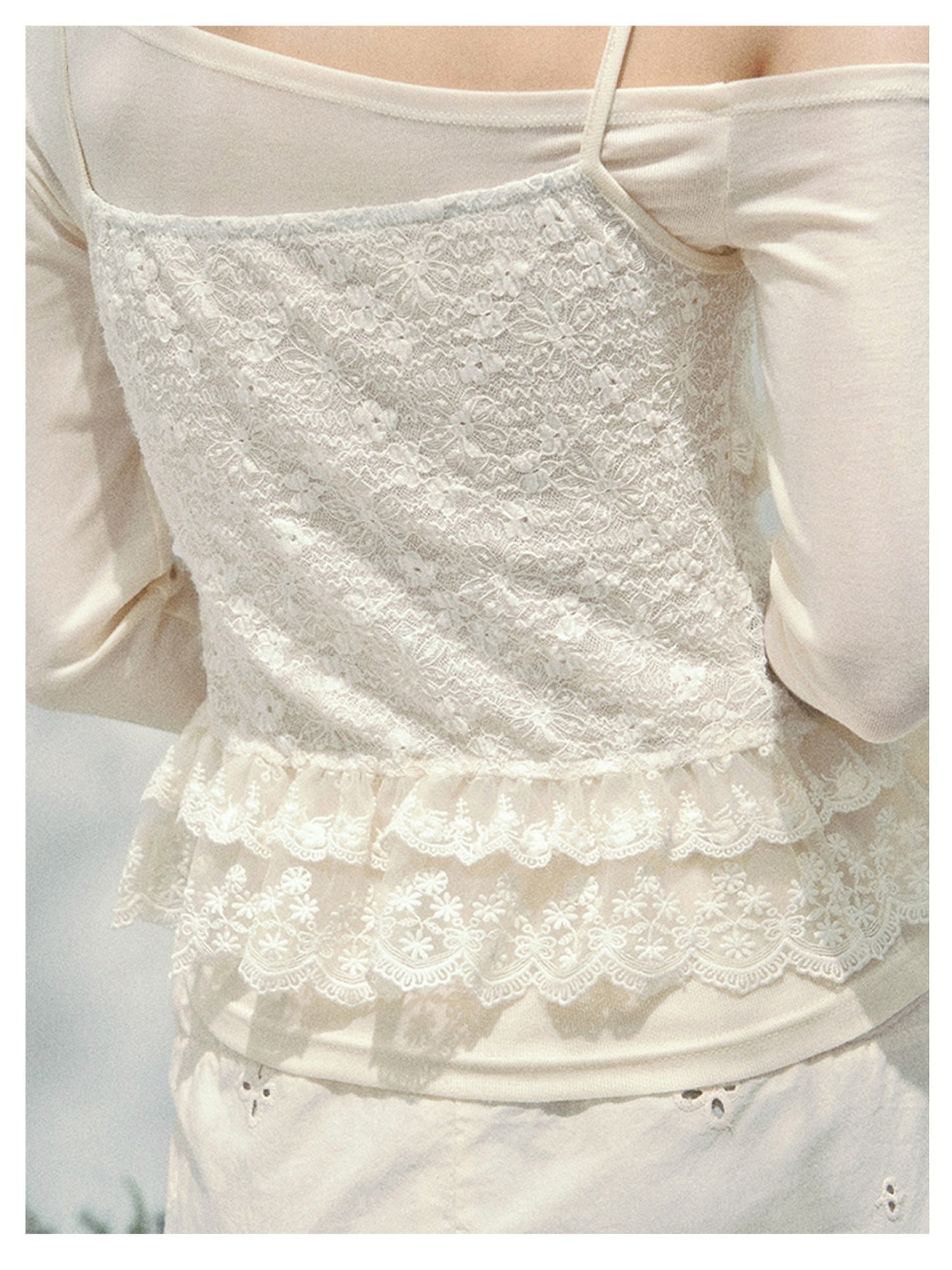 少也眼 “Lace Over the Shoulder” Asymmetrical Layered Lace Long Sleeve Top 45635485