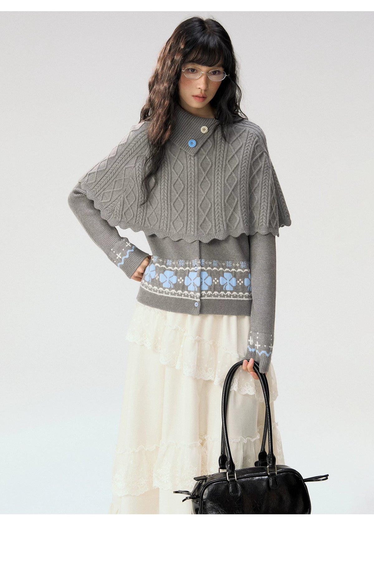 [CAN] "Witch's Wings" Gray Jacquard Knit Set (Cape Shawl / Cardigan)