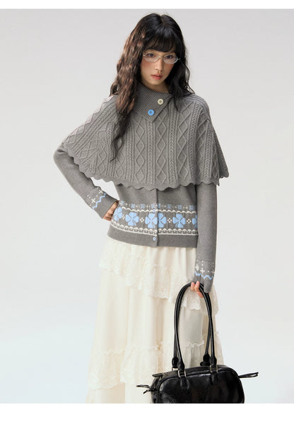 [CAN] "Witch's Wings" Gray Jacquard Knit Set (Cape Shawl / Cardigan)
