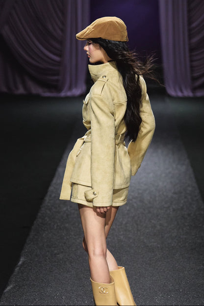 "Golden Dune" Khaki Faux Suede Jacket & Tailored Shorts Set