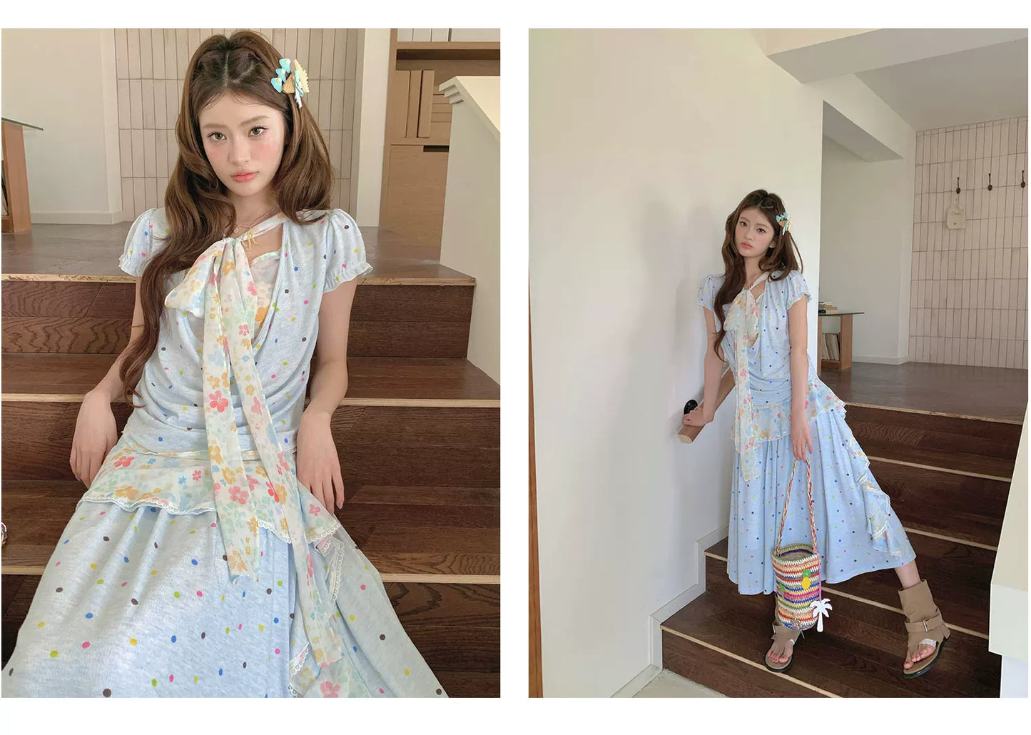 “Sea Salt Blossom Letter” Baby Blue Layered Skirt Set