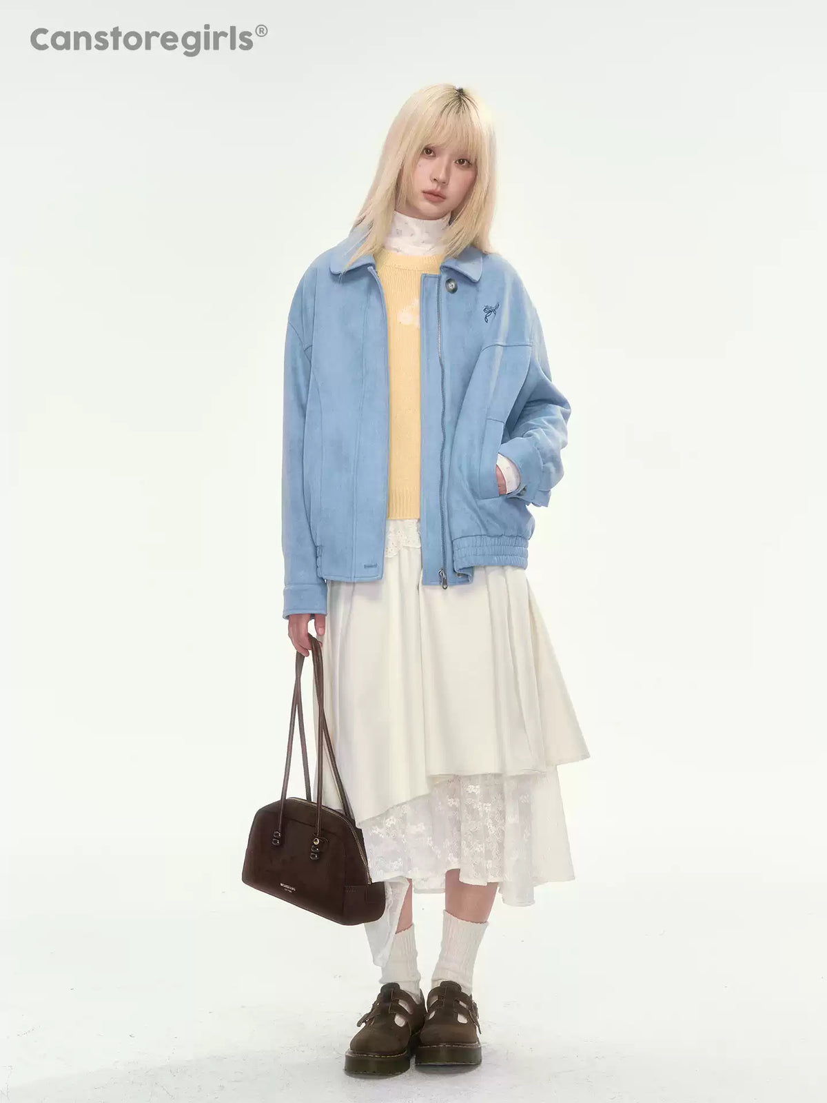 [CAN] Dusty Blue Suede Bow Embroidery Jacket
