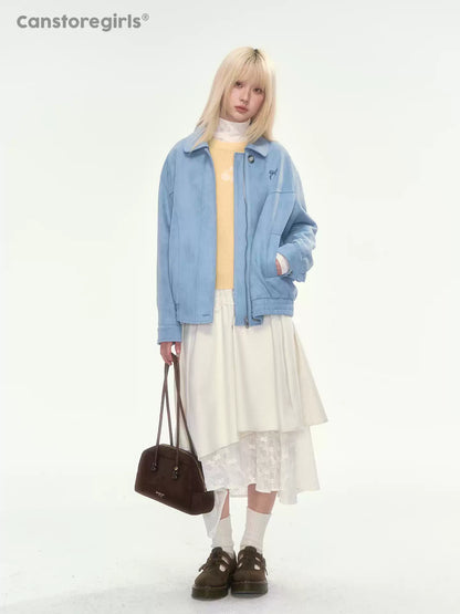 [CAN] Dusty Blue Suede Bow Embroidery Jacket