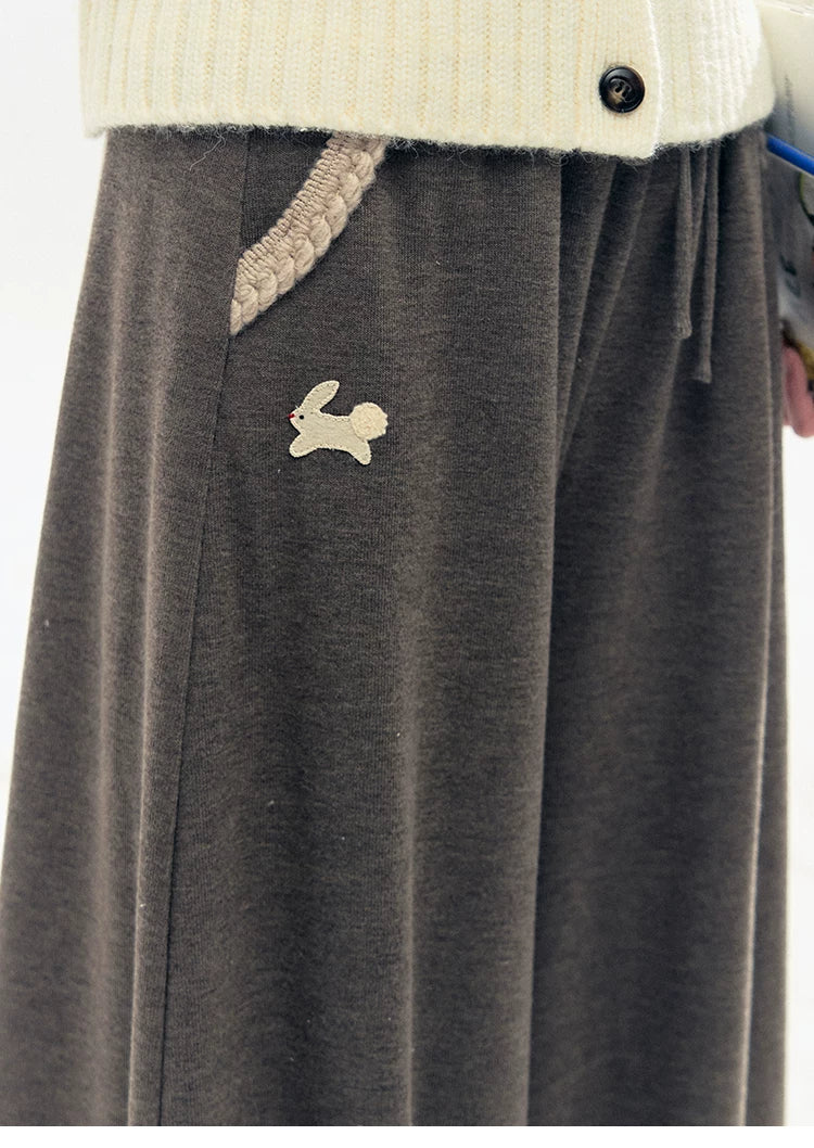 "Bunny Tea Party" Fleece-Lined Balloon Wide-Leg Pants (Hazelnut Brown/ Midnight Gray)