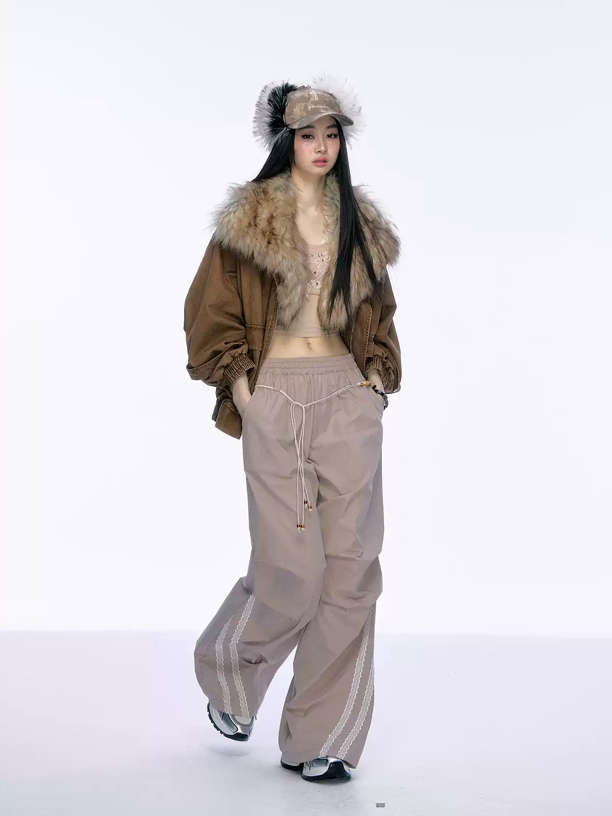 JN's DESIGN - Washed Chestnut Brown Faux Fur Collar Utility Jacket